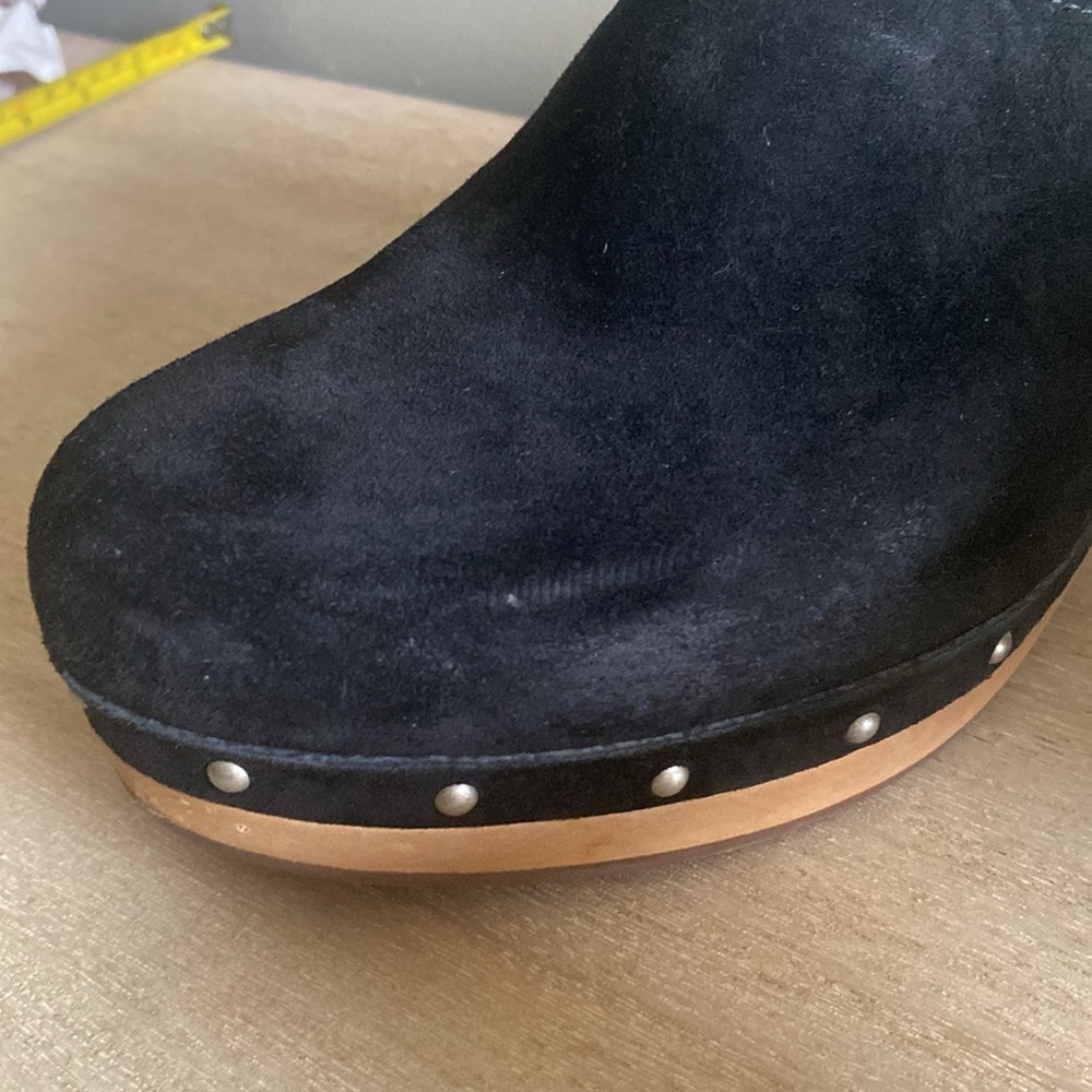 UGG Black Suede Mules with Tan Wooden Heel - Picture 12 of 13